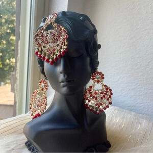 3 piece set earrings and tikka costume jewelry Pakistani Indian Bollywood Style
